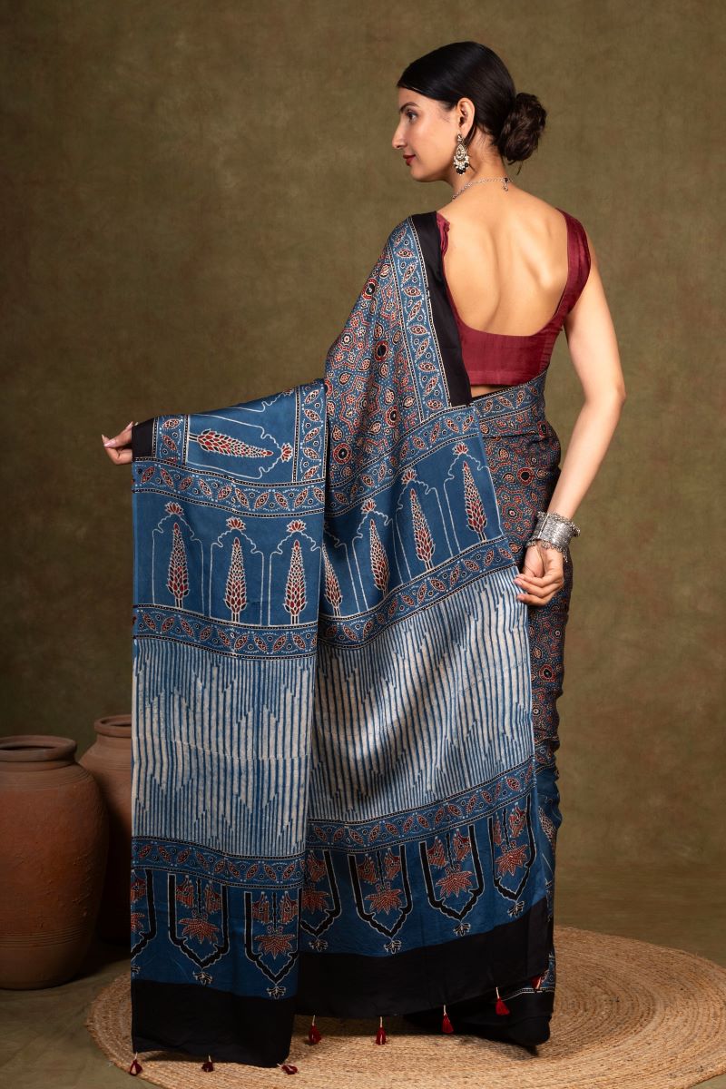 Indigo Pine Ajrakh Modal Silk Saree