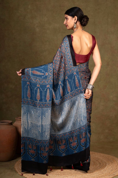 Indigo Pine Ajrakh Modal Silk Saree