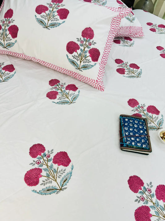 Pink Floral cotton bedsheet set - Heritagewear