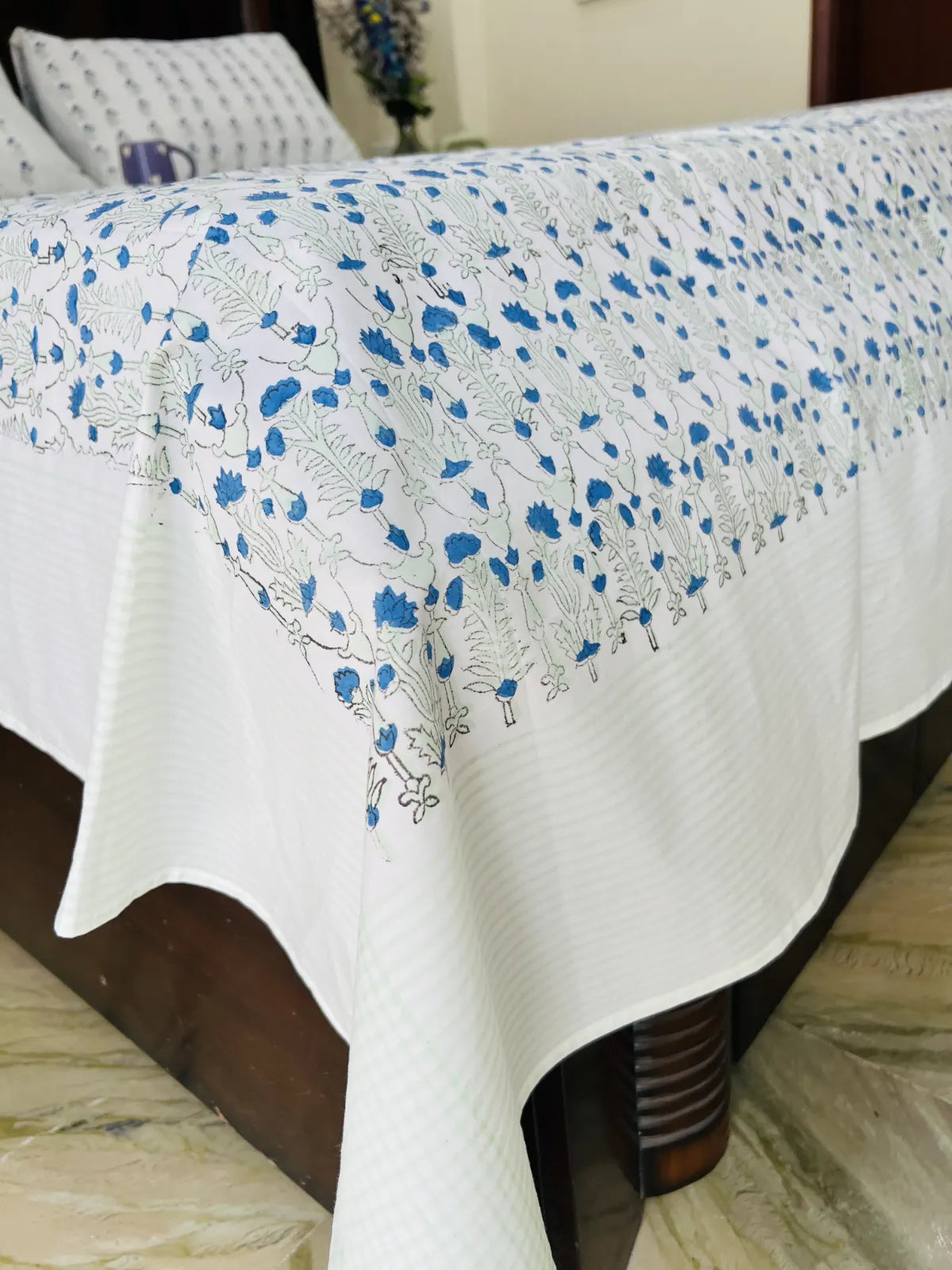 Pastel Blue Floral cotton bedsheet set - Heritagewear