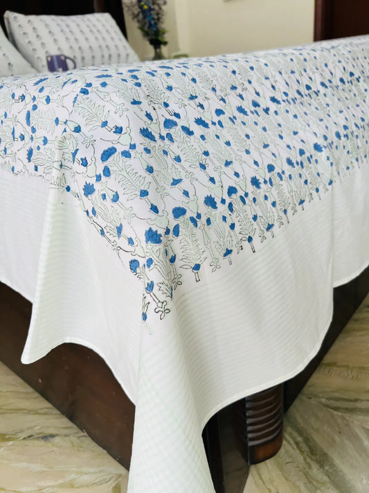 Pastel Blue Floral cotton bedsheet set - Heritagewear