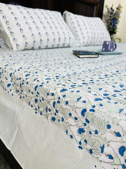 Pastel Blue Floral cotton bedsheet set - Heritagewear