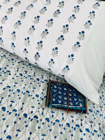 Pastel Blue Floral cotton bedsheet set - Heritagewear