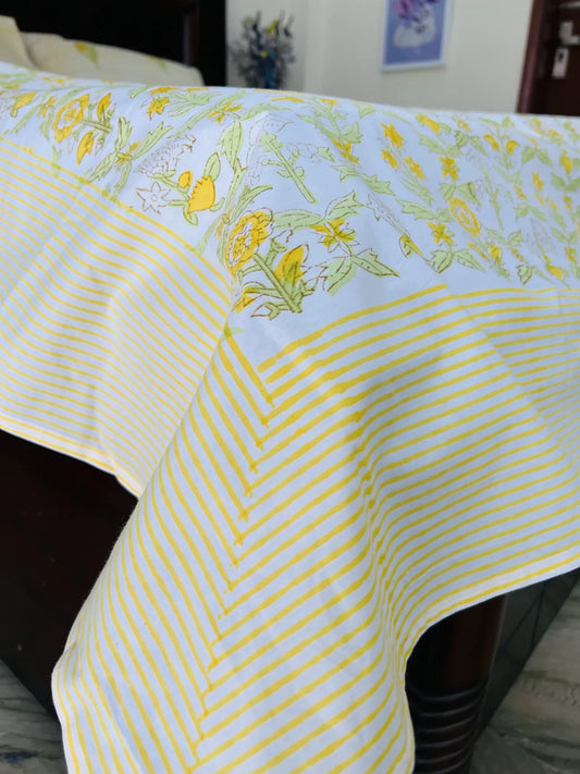 Pastel Yellow Floral cotton bedsheet set - Heritagewear