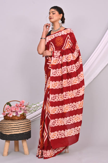 Batik Hand Block Printed Cotton Saree With Blouse Piece