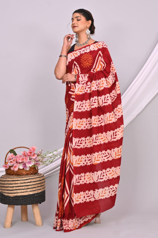 Batik Hand Block Printed Cotton Saree With Blouse Piece
