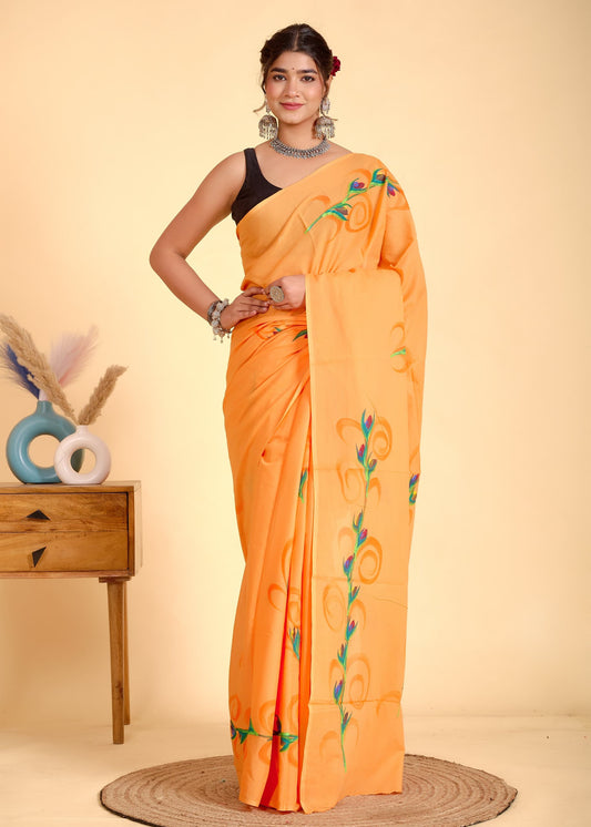 Painted via Hand Brush Cotton Saree With Blouse Piece