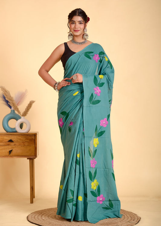 Painted via Hand Brush Cotton Saree With Blouse Piece