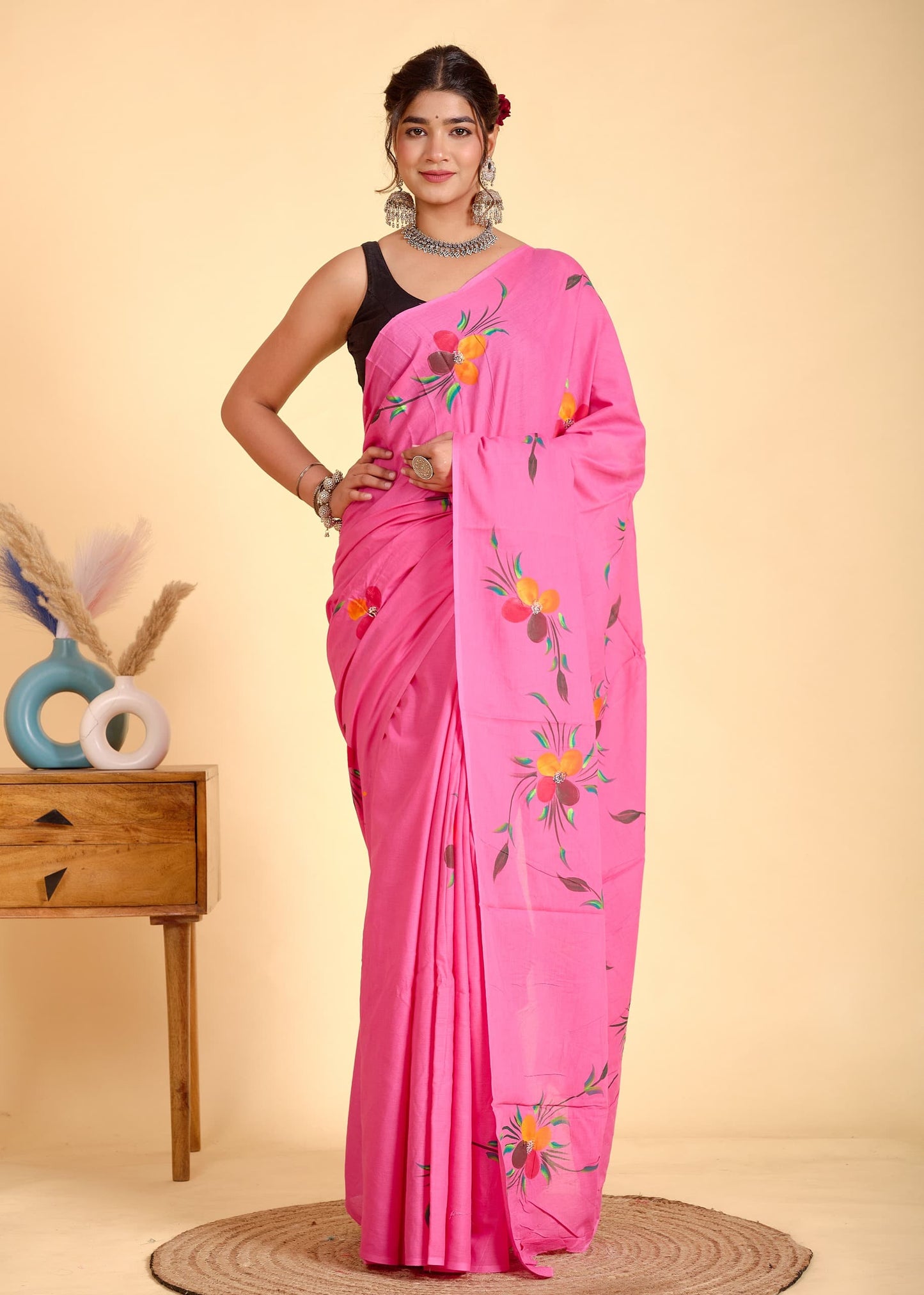 Painted via Hand Brush Cotton Saree With Blouse Piece