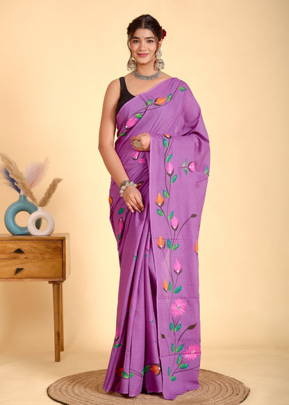 Painted via Hand Brush Cotton Saree With Blouse Piece