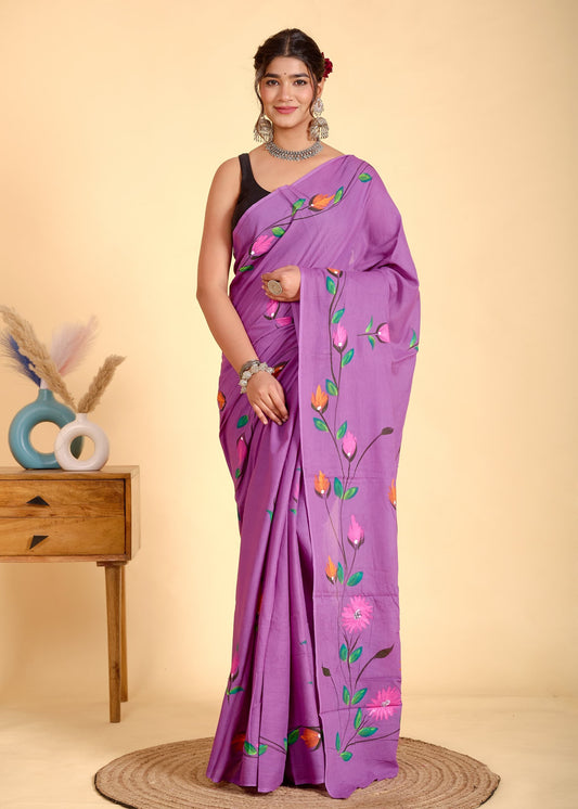 Painted via Hand Brush Cotton Saree With Blouse Piece