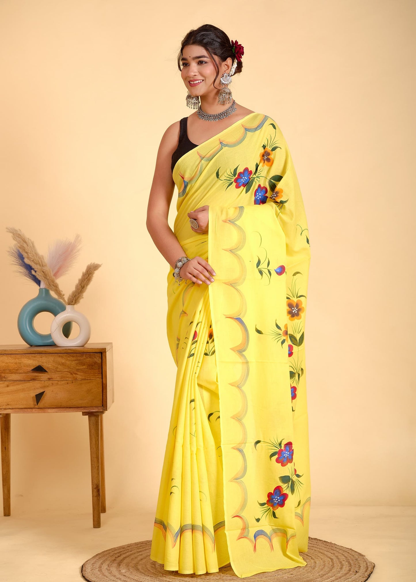 Painted via Hand Brush Cotton Saree With Blouse Piece