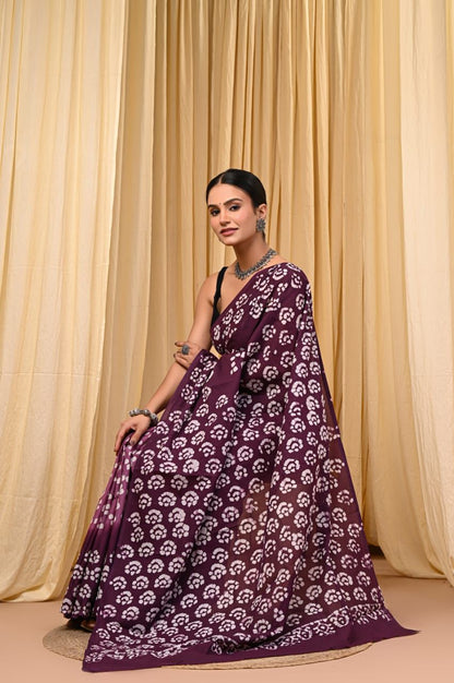 Premium Mul Cotton Hand Block Printed Saree With Blouse Piece