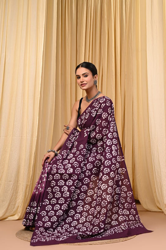 Premium Mul Cotton Hand Block Printed Saree With Blouse Piece
