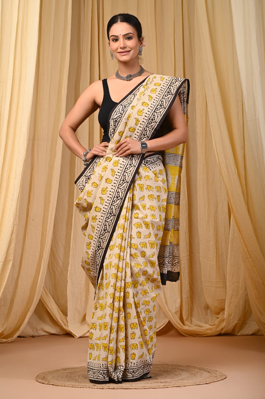 Premium Mul Cotton Hand Block Printed Saree With Blouse Piece