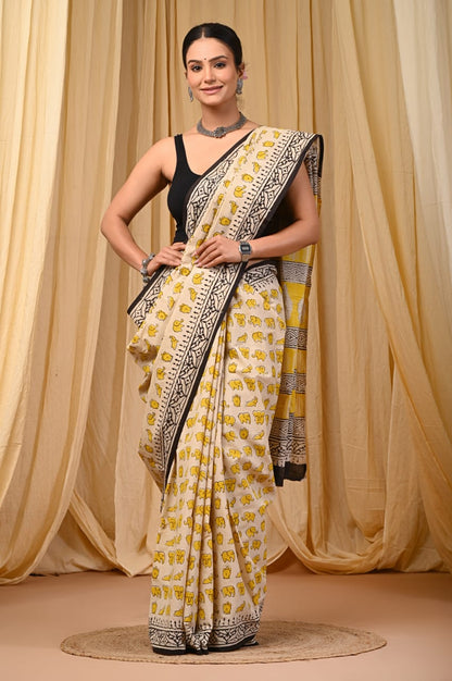 Premium Mul Cotton Hand Block Printed Saree With Blouse Piece