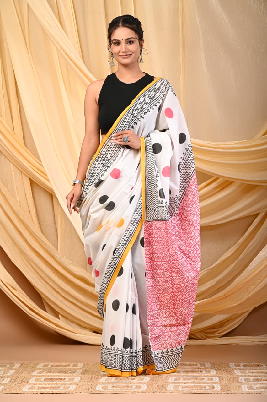 Premium Mul Cotton Hand Block Printed Saree With Blouse Piece