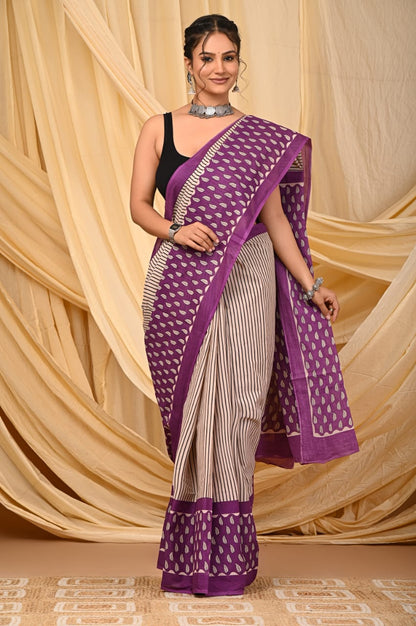 Premium Mul Cotton Hand Block Printed Saree With Blouse Piece