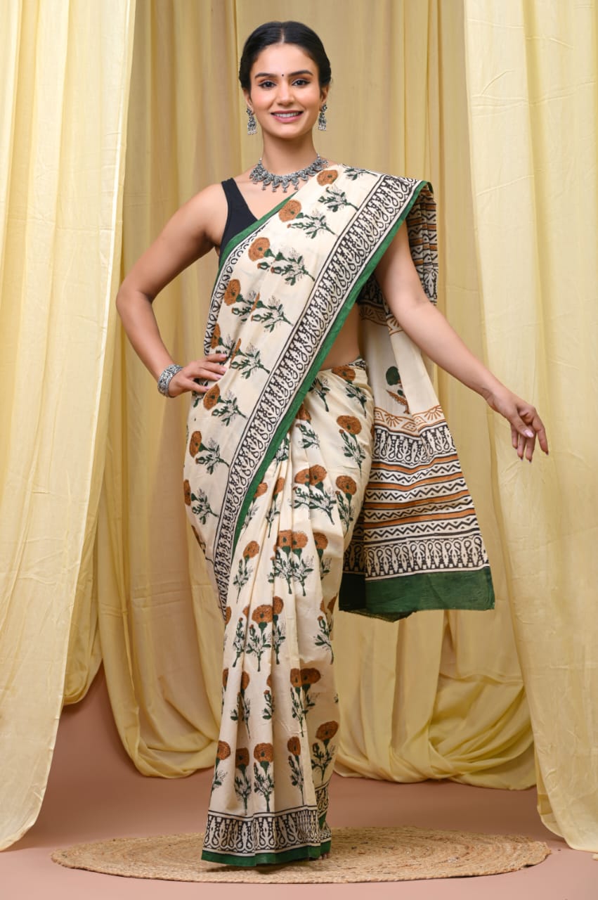 Premium Mul Cotton Hand Block Printed Saree With Blouse Piece