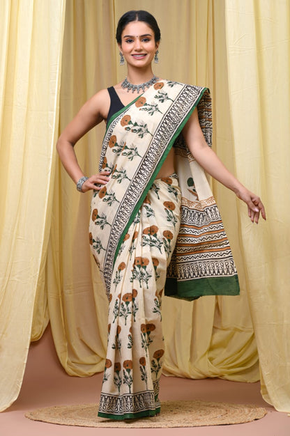 Premium Mul Cotton Hand Block Printed Saree With Blouse Piece