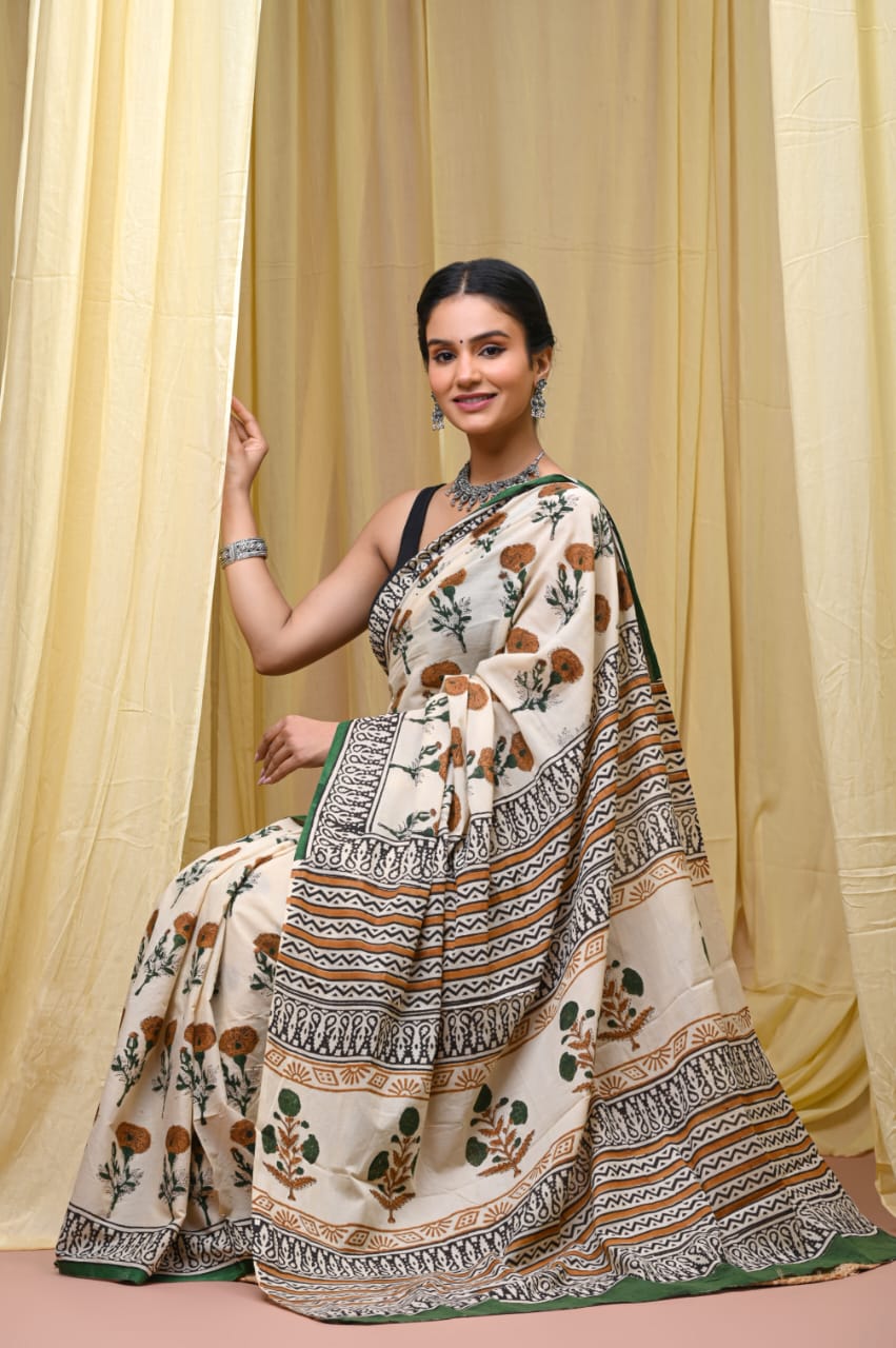 Premium Mul Cotton Hand Block Printed Saree With Blouse Piece