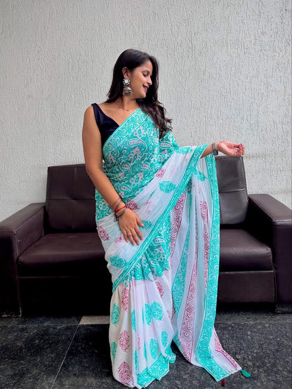 Premium Mul Cotton Hand Block Printed Saree With Blouse Piece