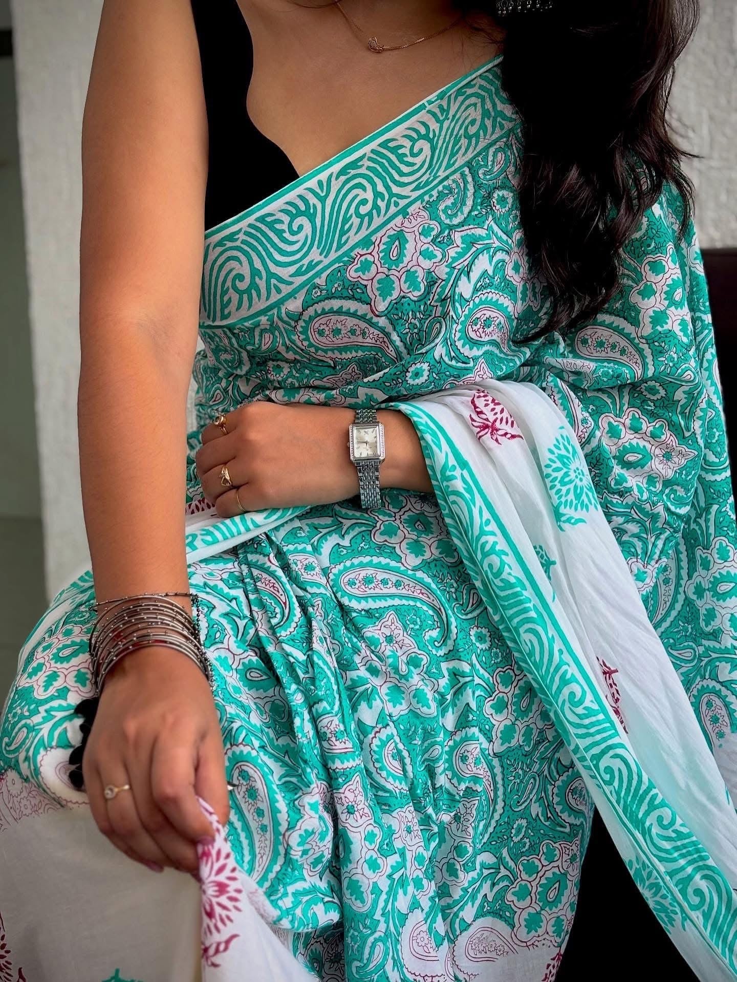 Premium Mul Cotton Hand Block Printed Saree With Blouse Piece