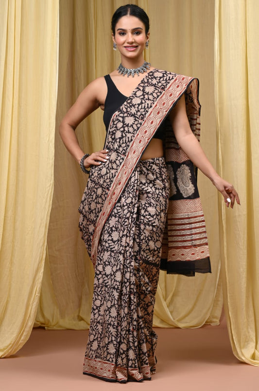 Premium Mul Cotton Hand Block Printed Saree With Blouse Piece