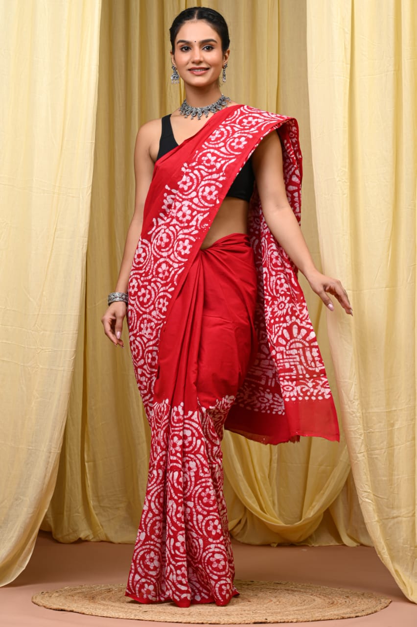 Premium Mul Cotton Hand Block Printed Saree With Blouse Piece