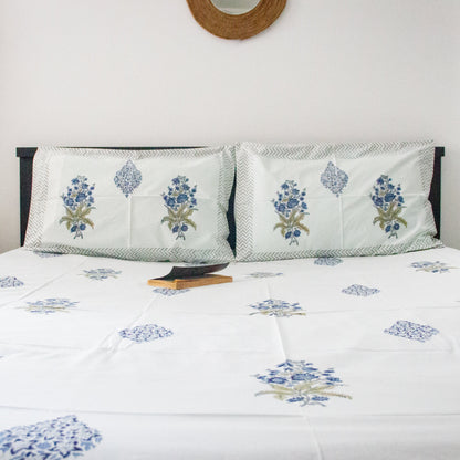 Blue Iris Hand Block Printed Cotton King Size Bedsheet Set