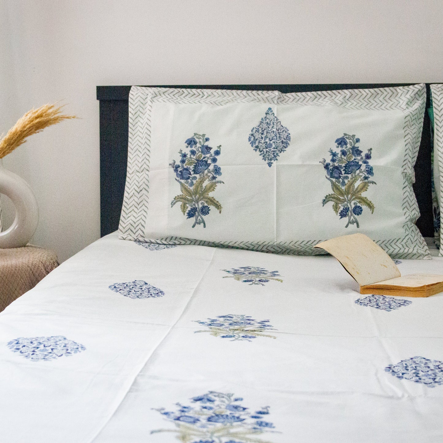 Blue Iris Hand Block Printed Cotton King Size Bedsheet Set