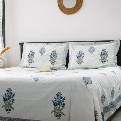 Blue Iris Hand Block Printed Cotton King Size Bedsheet Set