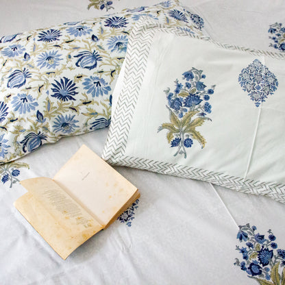 Blue Iris Hand Block Printed Cotton King Size Bedsheet Set
