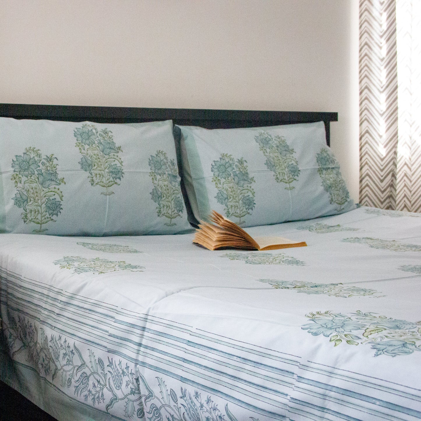 Blue Orchid Hand Block Printed Cotton King Size Bedsheet Set