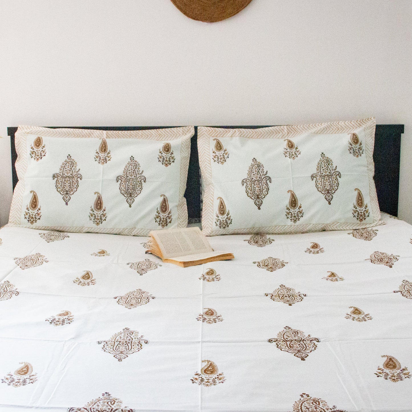 Mocha Hand Block Printed Bed Sheets pure cotton Super King bedsheet set by Heritagewear