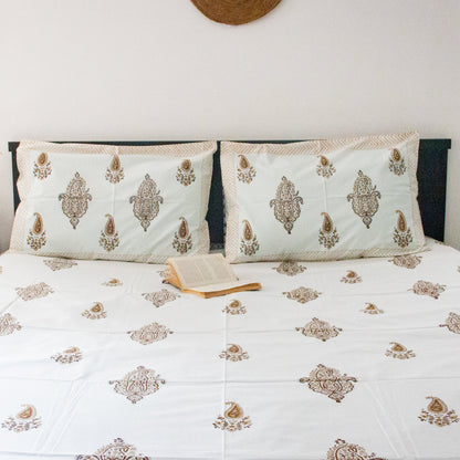 Mocha Hand Block Printed Bed Sheets pure cotton Super King bedsheet set by Heritagewear