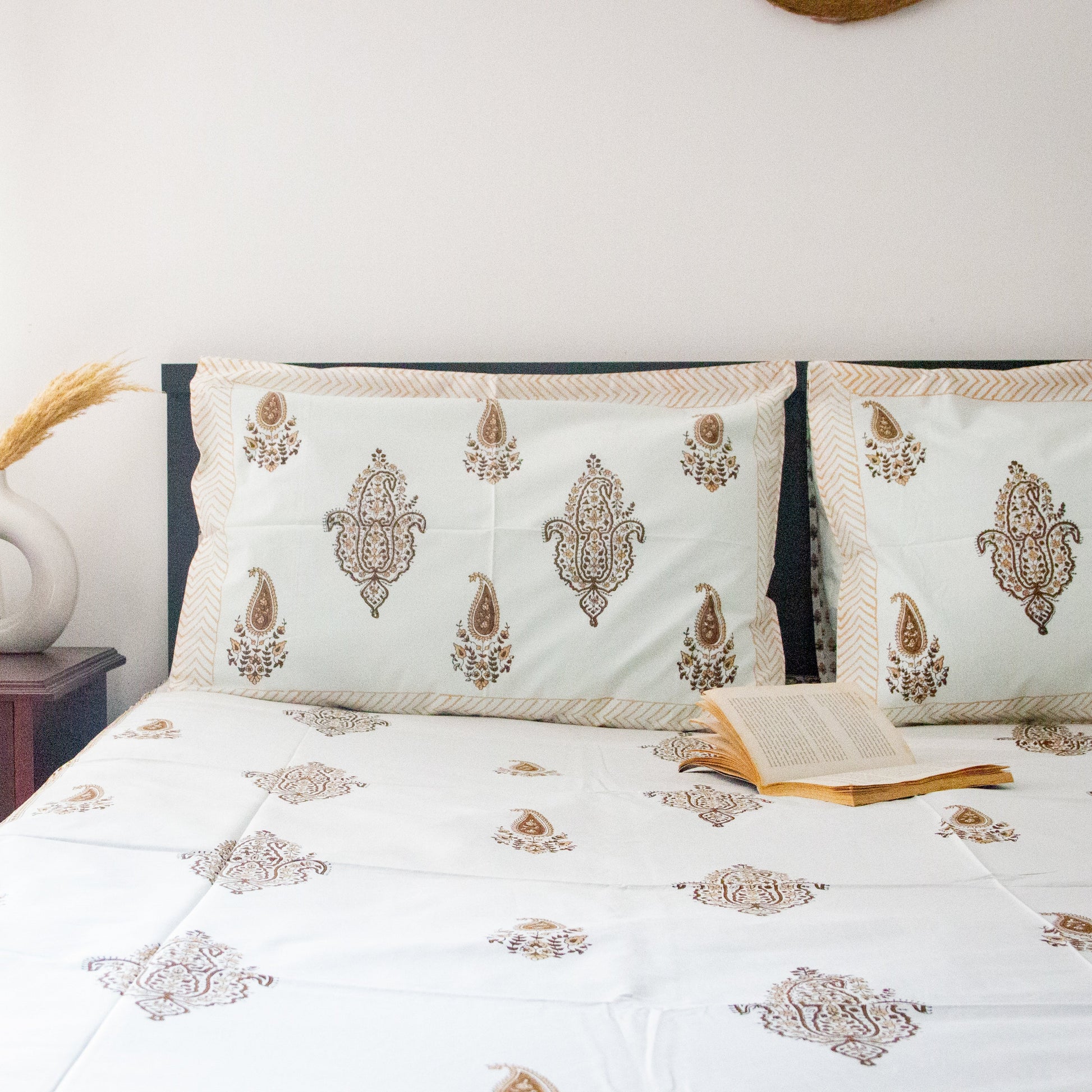 Mocha Hand Block Printed Bed Sheets Pure Cotton Super King Bedsheet by Heritagewear