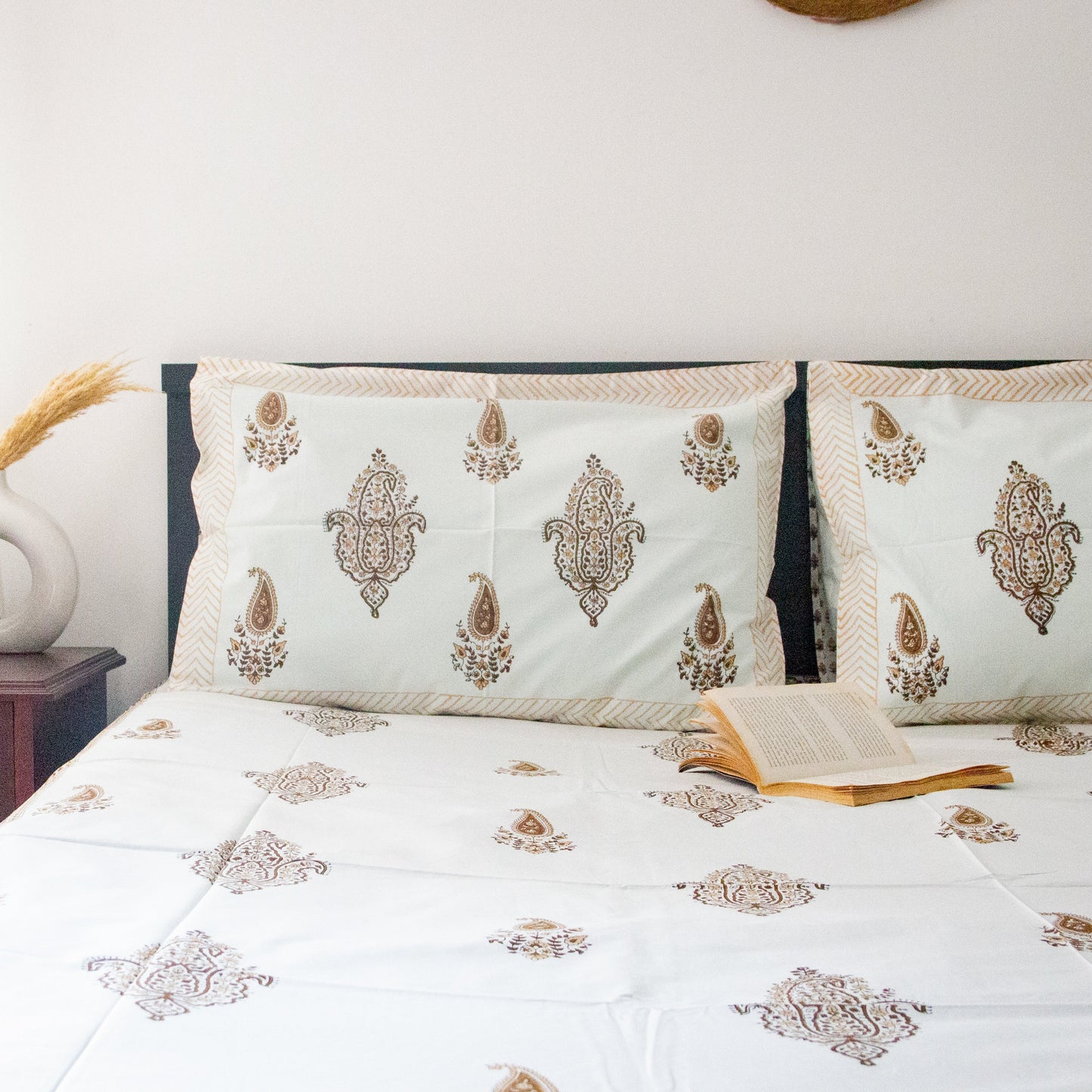 Mocha Hand Block Printed Cotton King Size Bedsheet Set