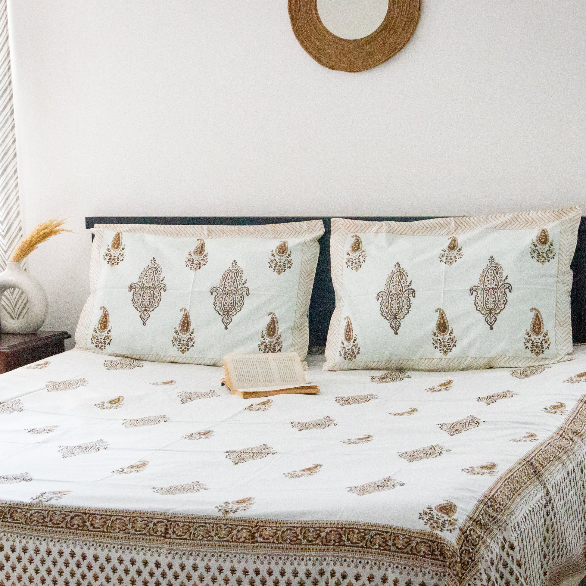 Mocha Hand Block Printed Bed Sheets Pure Cotton Super King Bedsheet by Heritagewear