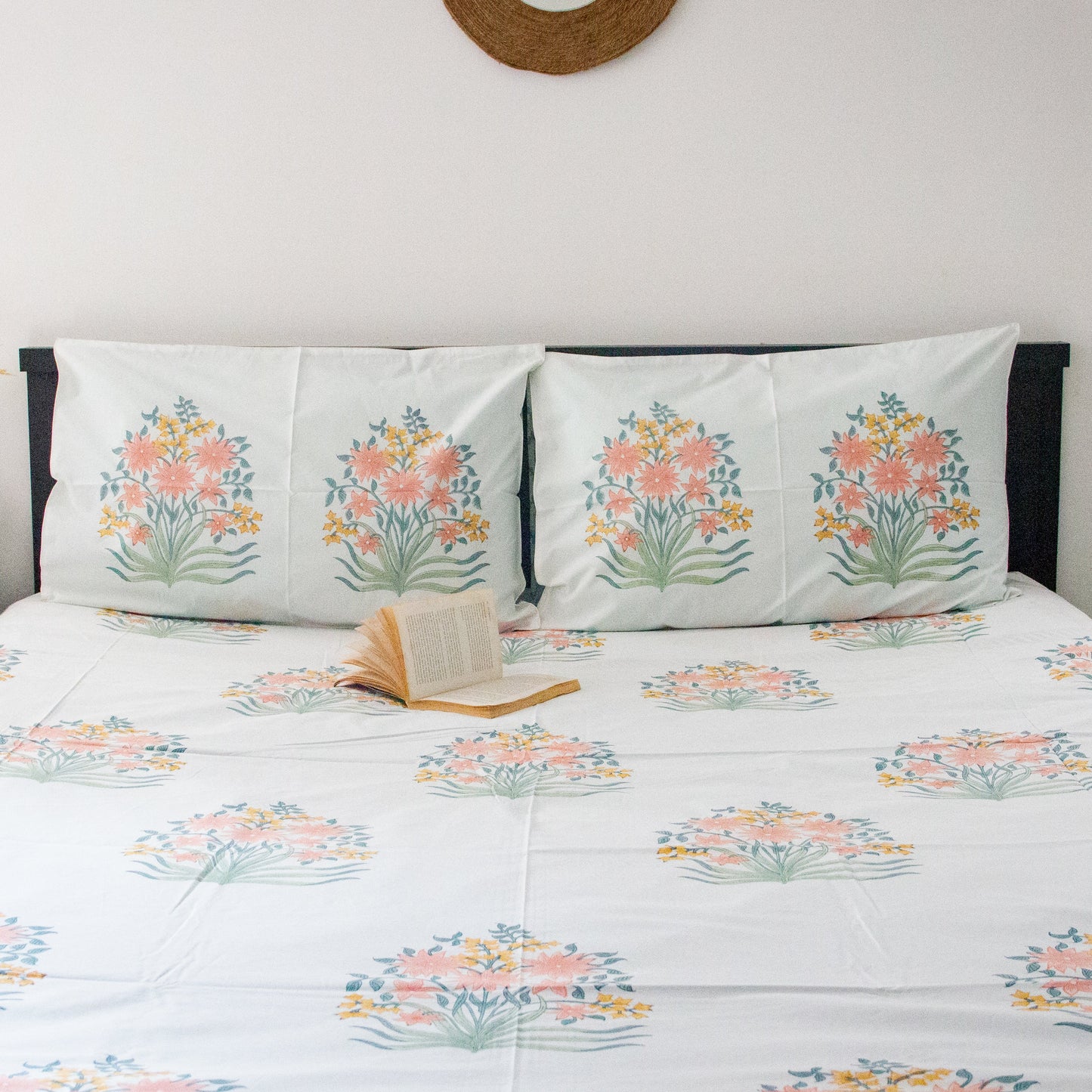 Mogra Hand Block Printed Cotton King Size Bedsheet Set