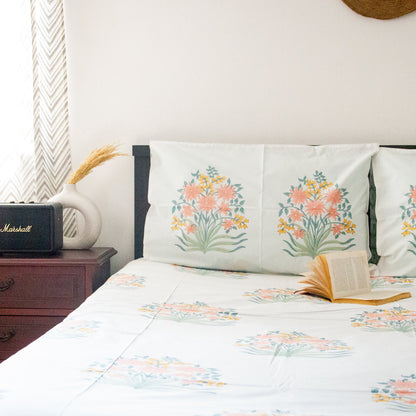 Mogra Hand Block Printed Cotton King Size Bedsheet Set