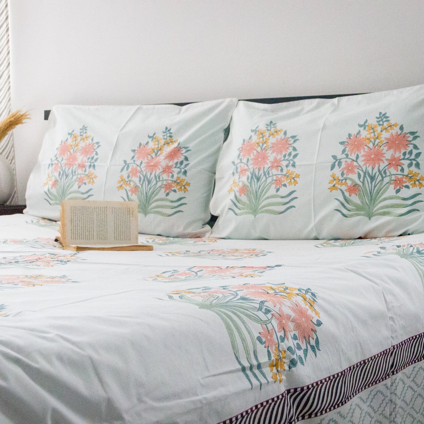 Mogra Hand Block Printed Cotton King Size Bedsheet Set