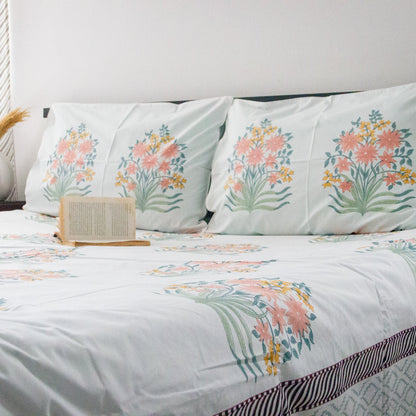 Mogra Hand Block Printed Cotton King Size Bedsheet Set