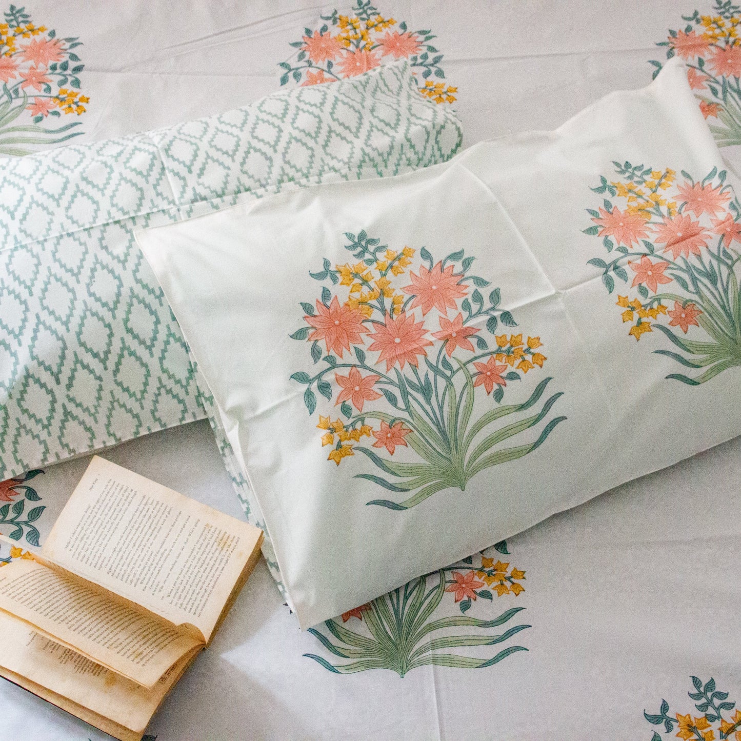 Mogra Hand Block Printed Cotton King Size Bedsheet Set