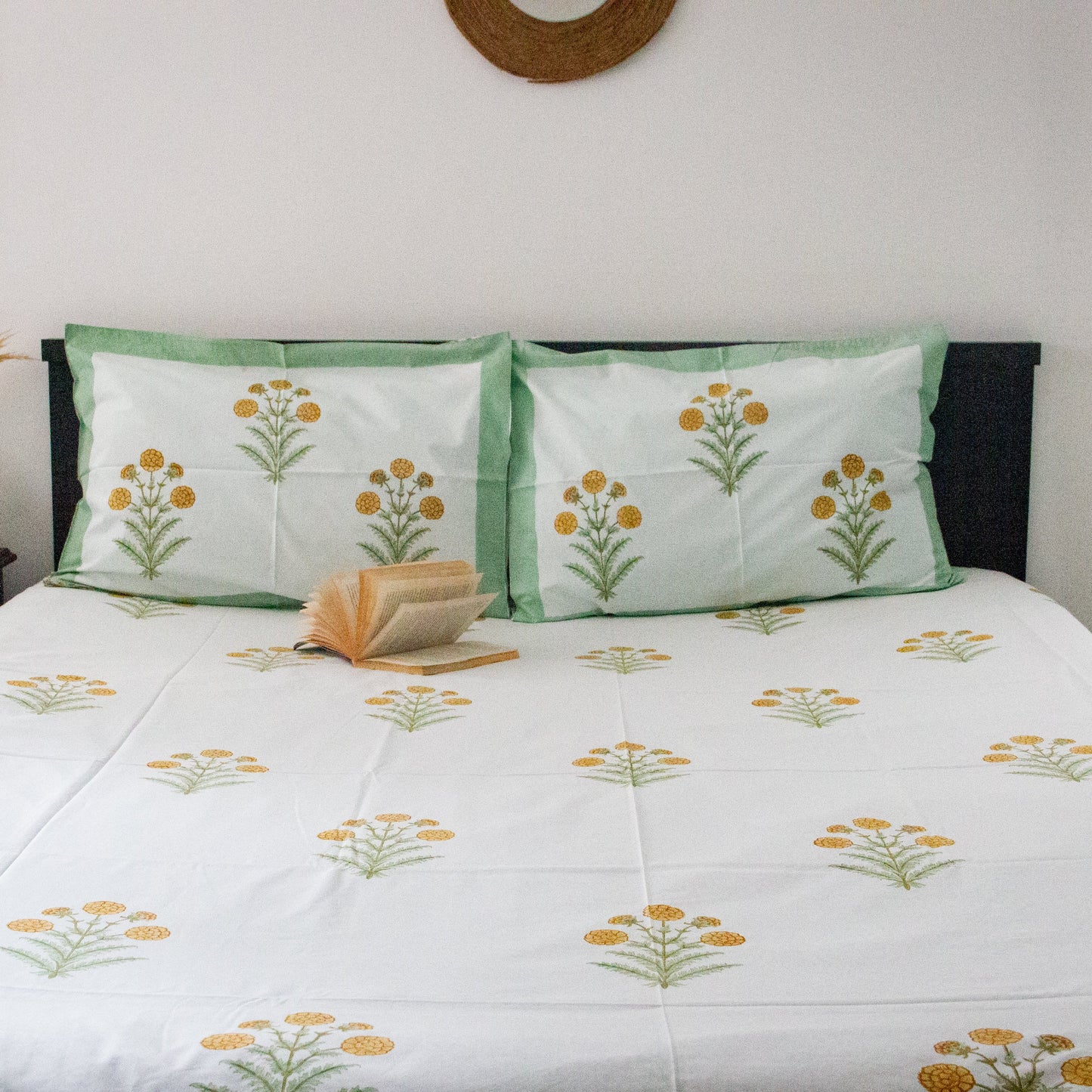 Tropical Green Hand Block Printed Cotton King Size Bedsheet Set