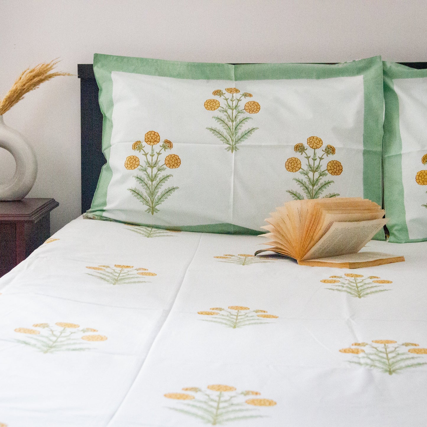 Tropical Green Hand Block Printed Cotton King Size Bedsheet Set