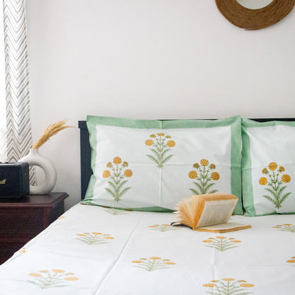 Tropical Green Hand Block Printed Cotton King Size Bedsheet Set
