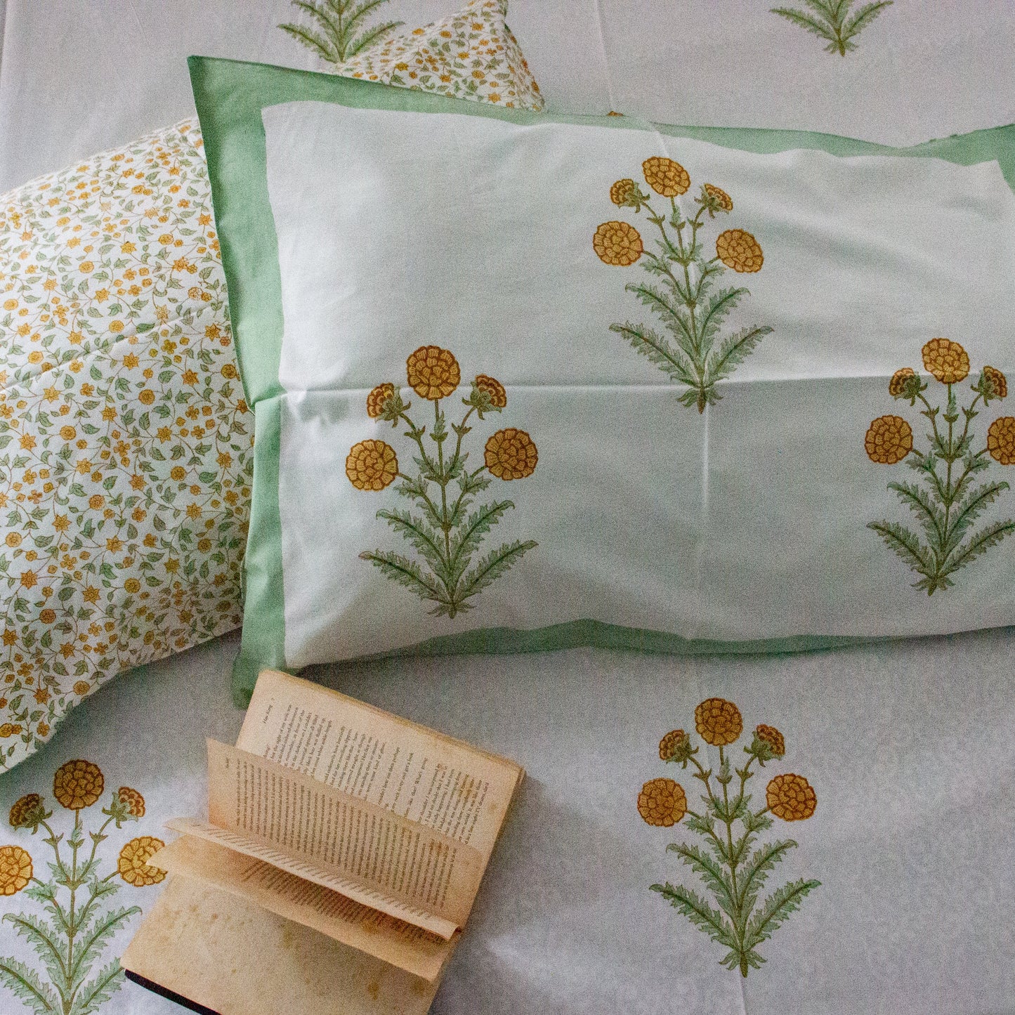 Tropical Green Hand Block Printed Cotton King Size Bedsheet Set