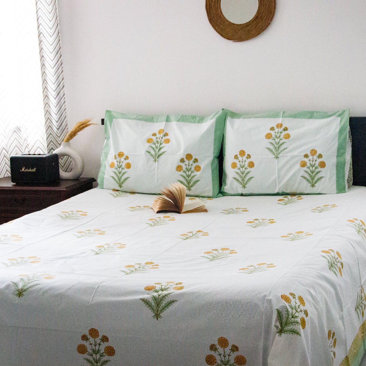 Tropical Green Hand Block Printed Cotton King Size Bedsheet Set