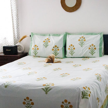 Tropical Green Hand Block Printed Cotton King Size Bedsheet Set